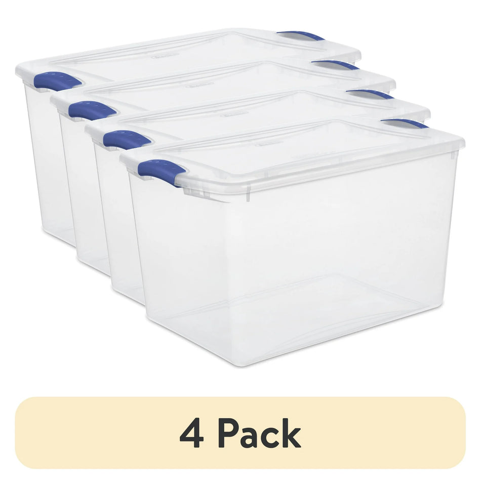 Sterilite Large Storage Bin, 66 Quart Clear Plastic Storage Container with Latch Lid, Blue (4 pack)
