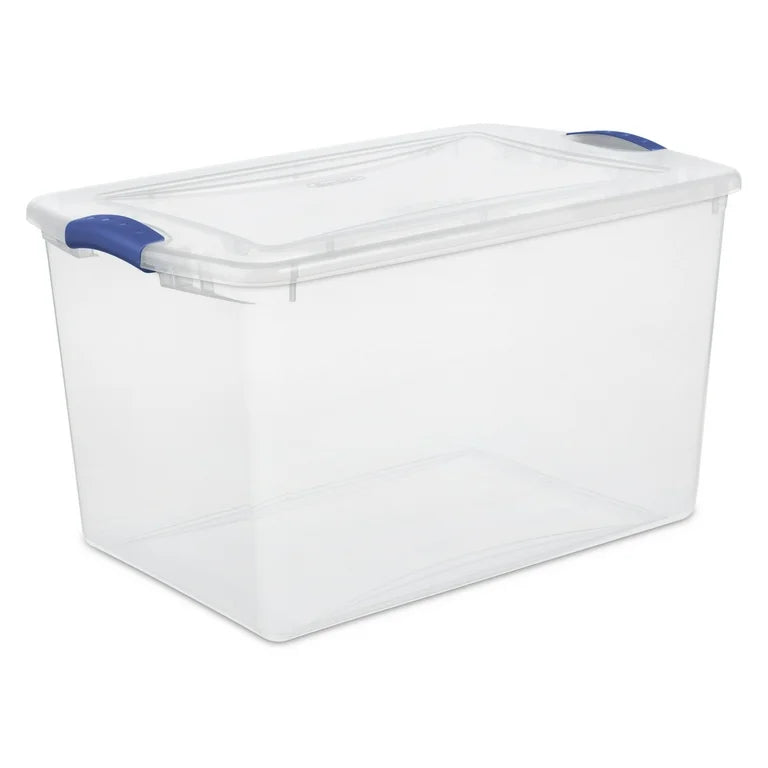 Sterilite Large Storage Bin, 66 Quart Clear Plastic Storage Container with Latch Lid, Blue (4 pack)