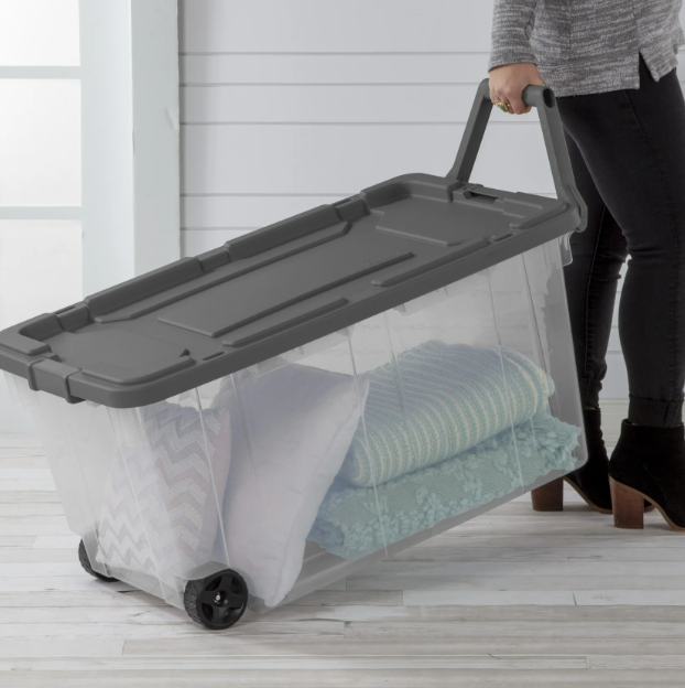Sterilite 160 Quart Wheeled Stacker, Extra Large Durable Clear Bin, Latch Lid and Pull Handle, Gray, 2 Count