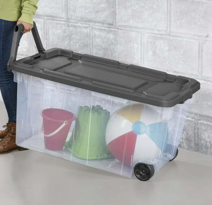 Sterilite 160 Quart Wheeled Stacker, Extra Large Durable Clear Bin, Latch Lid and Pull Handle, Gray, 2 Count