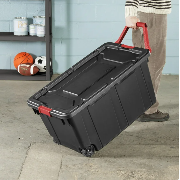 Sterilite Extra Large Storage Bin, 40 Gallon Wheeled Plastic Storage Container with Handle, Black, Pack of 2, Industrial