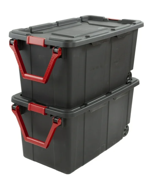 Sterilite Extra Large Storage Bin, 40 Gallon Wheeled Plastic Storage Container with Handle, Black, Pack of 2, Industrial
